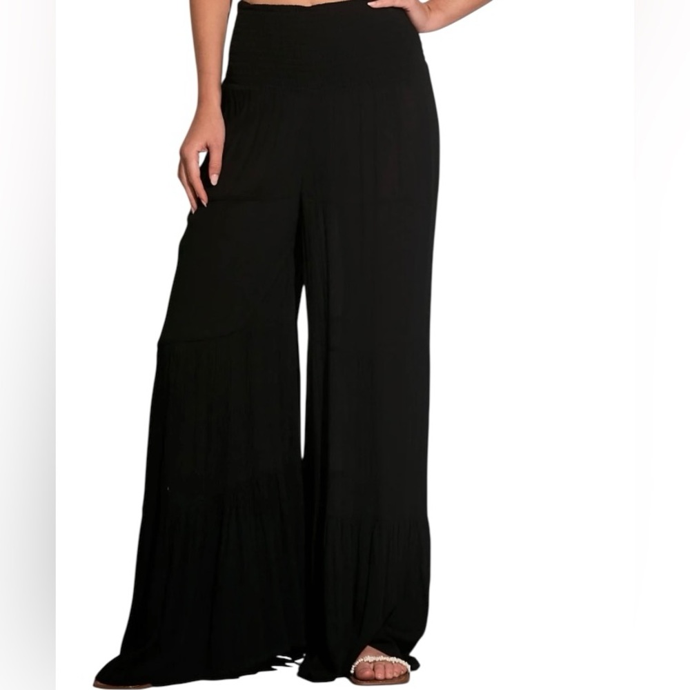 Elan Black Crinkle Rayon Smocked Elastic Waist Tiered Wide-Leg Pants S